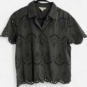 AVIDA Olive Green Embroidered Eyelet Short Sleeve Blouse